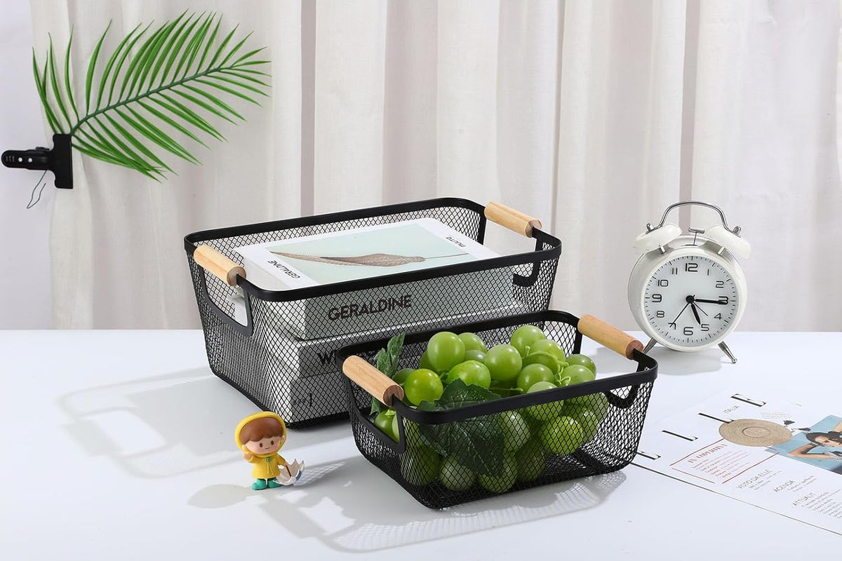 2 Pack Metal Mesh Steel Basket, Small Wire Storage Organizer Basket Multi-function Hanging Kitchen Basket Fruit Baskets with Wood Handle for Kitchen Picnic Cabinet Home Decor, Rectangle-Black