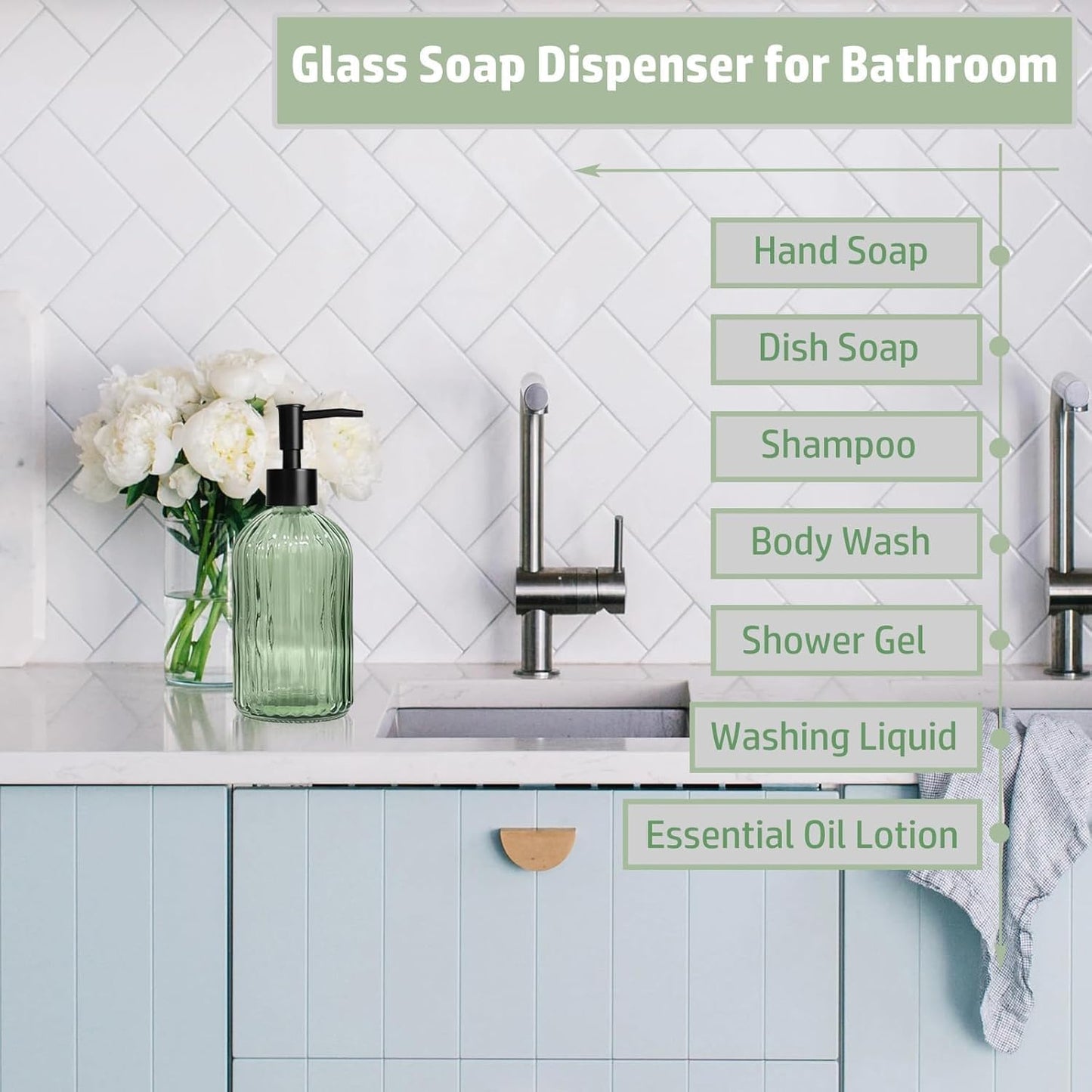 14 Oz Black Pump Glass Soap Dispenser, Green Stripe Countertop Refillable Liquid Bottle Hand Dish Lotion Dispenser with Plastic Pump, for Kitchen, Bathroom, 2 Pack