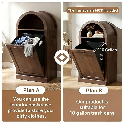 Arched Tilt-Out Trash Can Cabinet Set of 2,Laundry Hamper Cabinet with Foldable Laundry Basket,Wooden Hidden Garbage Can Cabinets with Metal Handle & Hooks,Walnut