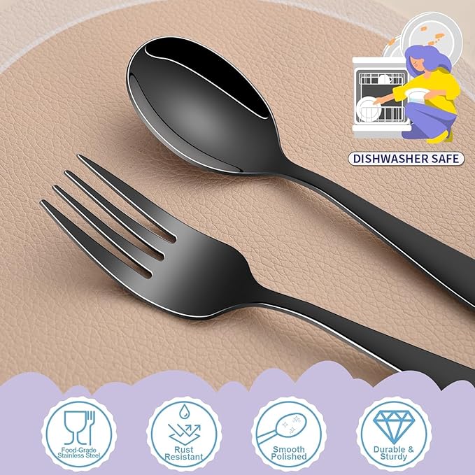 DEHOV Black Toddler Eating Utensils Set,Set Of 12 Food Grade Stainless Steel Silverware Sets For Kids,Dishwasher Safe Children Small Metal Spoons And Forks Flatware Sets