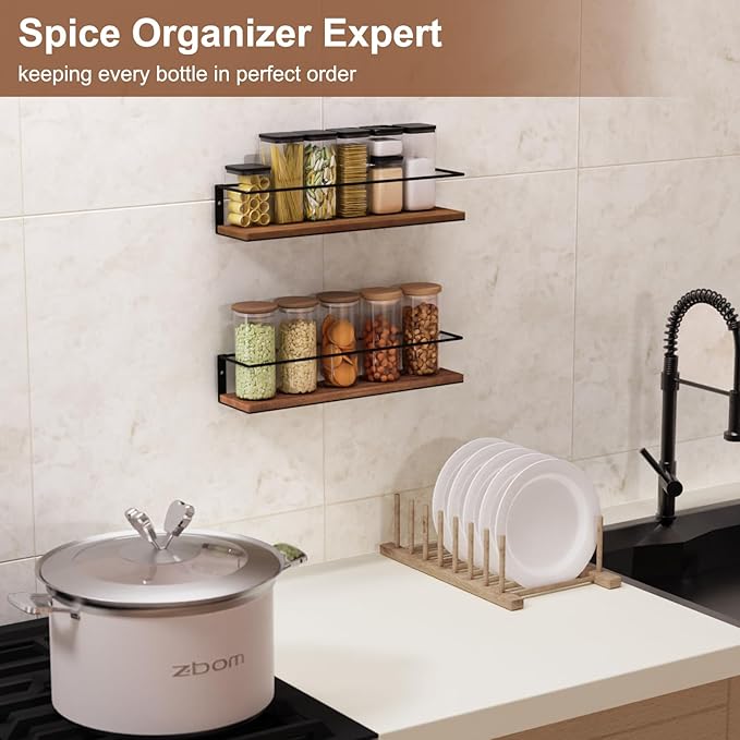 Spice Rack Self-Adhesive or drilling, Rustic Style Hanging Spice Rack, Spice Organization for Cabinet Door or Wall Mount, Over The Stove, Kitchen Wall, 2-Pack