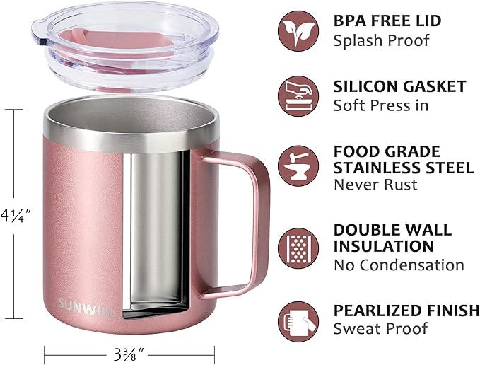 SUNWILL Travel Coffee Mug with Lid, Insulated Tumbler with Handle, 14 oz Stainless Steel Cup for Ice, Water, Tea, Rose Gold