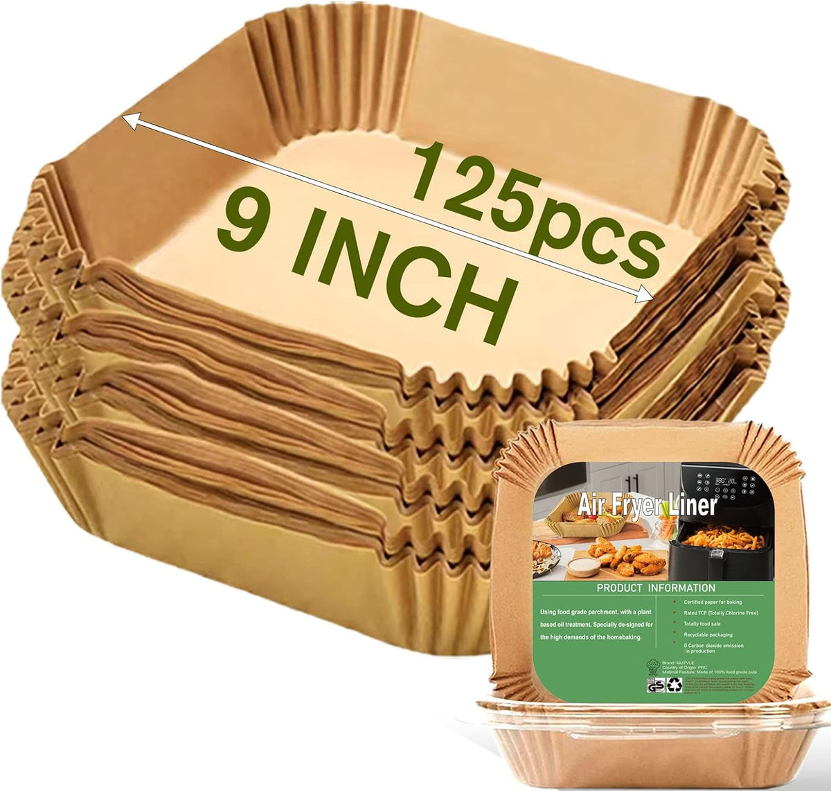 Large Air Fryer Disposable Paper Liners Square 9 Inch, 125 Pcs Parchment paper liner for 5-8QT Air fryer, Oil-proof, Water-proof, Parchment Baking Paper for Baking Roasting Microwave