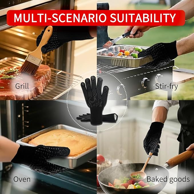 CHETTO C 1472°F Heat Resistant Silicone Non-Slip Oven Gloves for Grilling, Cooking, Baking, Roasting Kitchen Gloves One Pair Comfortable and Safe, Durable, Black