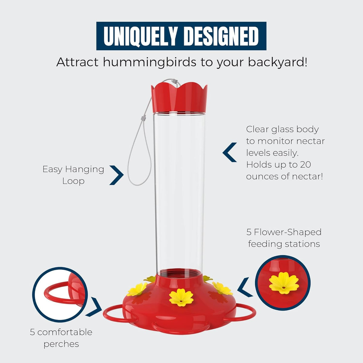 MEKKAPRO Outdoor Hummingbird Feeder Made from Glass, Hanging 5 Nectar Feeding Stations, Bright Red, Backyard Feeder (20 Ounce)