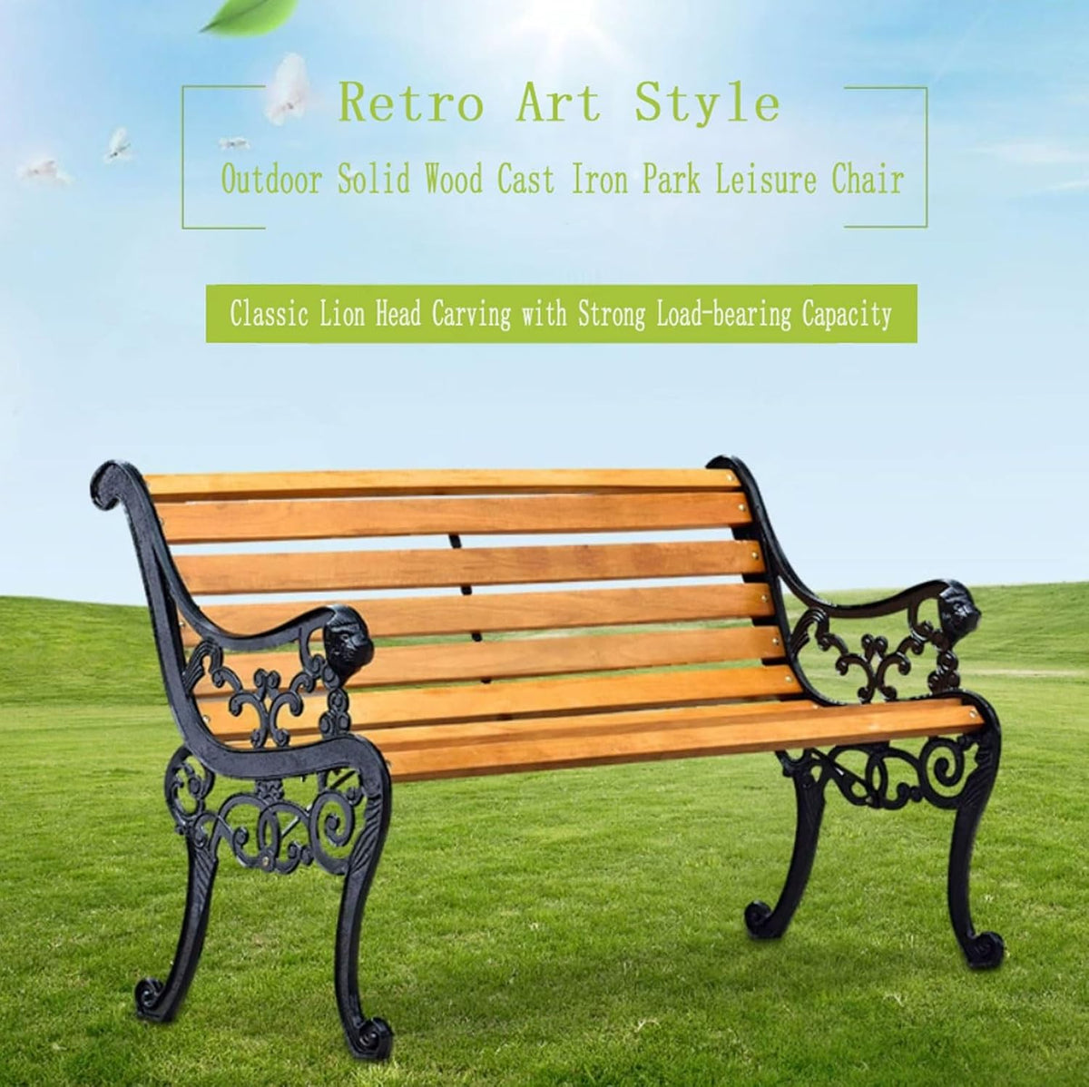 Outdoor Park Garden Bench with Cover, 2-3 Person Wood Patio Bench with Backrest+Armrests Weatherproof, Patio Porch Furniture Cast Iron Frame Bench for Lawn Porch Backyard(Teak+Black)