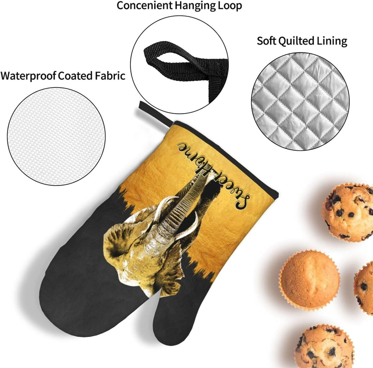 Elephant Oven Mitts and Pot Holders Sets of 3 Black Gold Hot Pads Oven Gloves Heat Resistant Non Slip Washable for Kitchen Cooking Grilling Baking