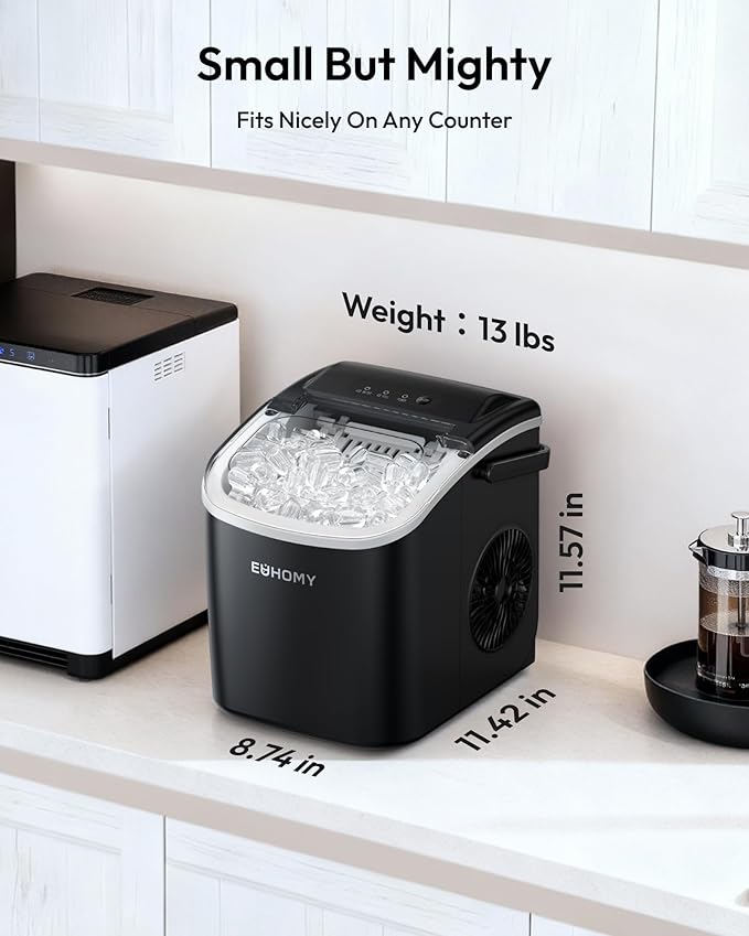EUHOMY Countertop Ice Maker Machine with Handle, 26.4lbs in 24Hrs, 9 Ice Cubes Ready in 6 Mins, Self-Cleaning Portable Ice Maker with Basket and Scoop, for Home/Kitchen/Camping/RV. (Black)