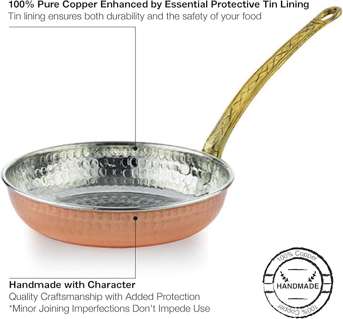 Handmade Copper Sauté Pan & Butter Warmer, Multipurpose Pure Copper Cookware with Handle, Suitable for Oven & Stovetop, Decorative Hammered Copper Skillet (X-Small 6.3 in)