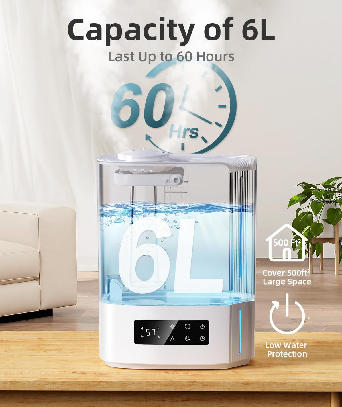BREEZOME 6L Humidifiers for Bedroom Large Room & Essential Oil Diffuser, Ultrasonic Top Fill Cool Mist Humidifiers for Baby, Plants, Nursery Last up to 60 Hours, Smart Humidistat Control, Quiet, White
