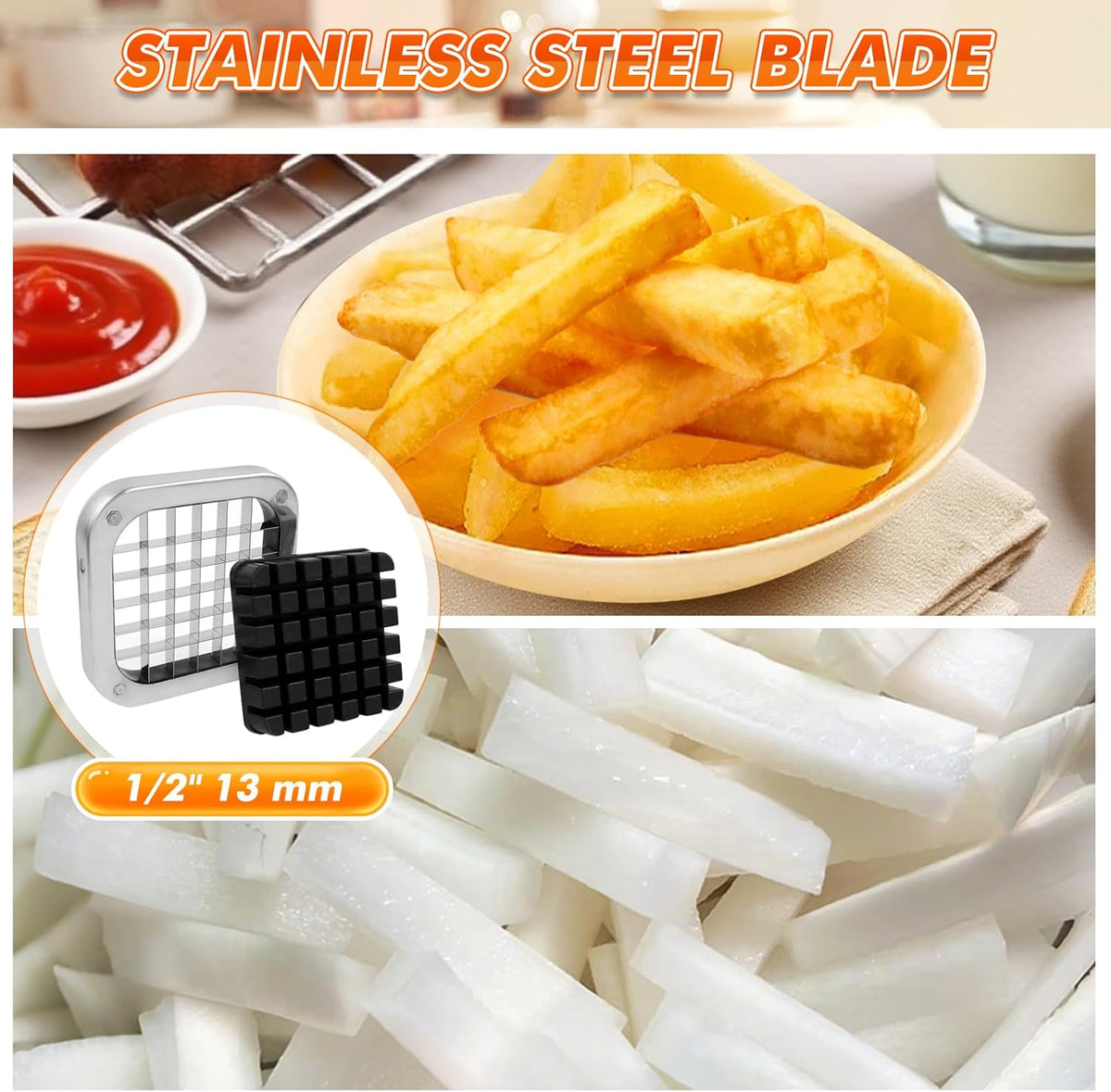 Anatole Professional French Fry Cutter Stainless Steel with 1/2'' Blade Manual Potato Slicer Veggie Chopper Homestyle Dicer for Onions Carrots Cucumbers