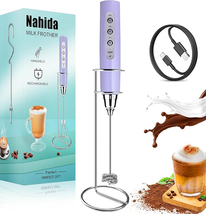 Nahida Rechargeable Milk Frother Wand for Coffee Include Stand - Light Purple