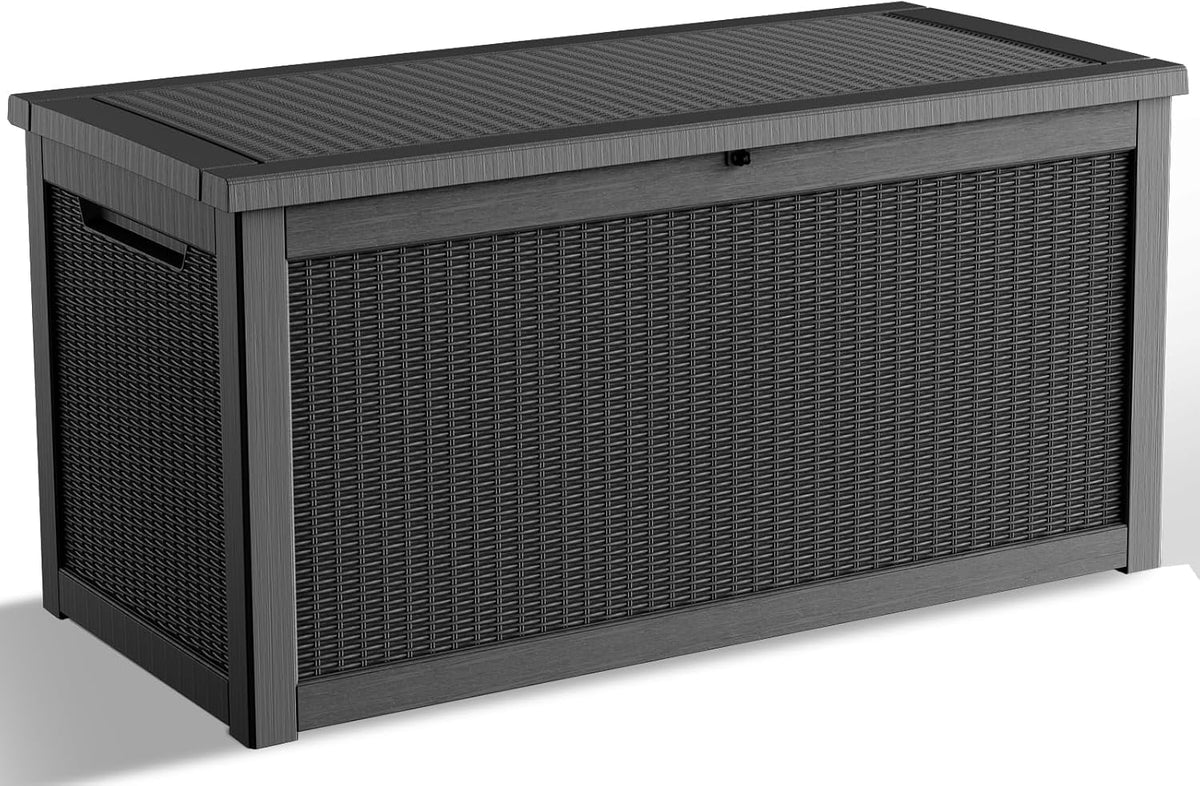 DRATO 260 Gallon Deck Box, Outdoor Large Waterproof Resin Storage Box with Lockable Lid for Patio Cushions, Gardening Tools, Sports Equipment, Black