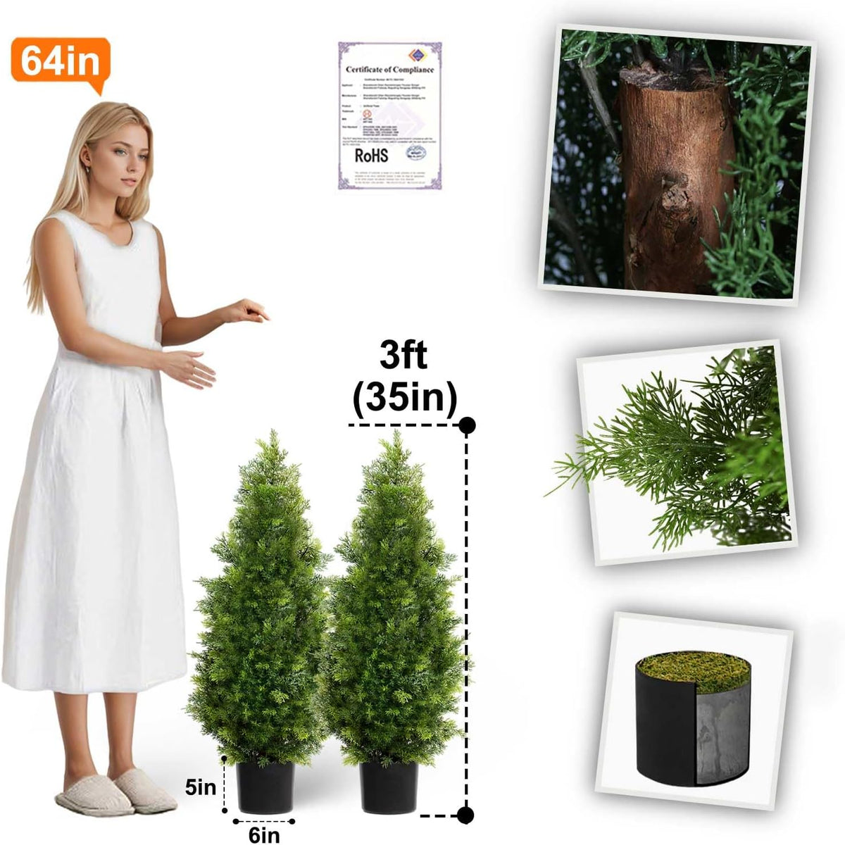 Aveyas 3ft Artificial Cedar Topiary Trees for Outdoor Front Porch Door, 3 Feet Faux Potted Plants Evergreen Fake Pine Cypress Tree for Outside Home Decor (3 ft Tall) - Set of 2 Pack
