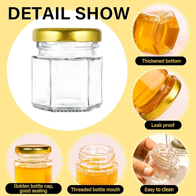 GIVAMEIHF Mini Glass Honey jars-1.5 oz,60pcs Hexagon Honey Jars with Wood Dipper,Stickers,Bee Pendants,Tags,Rope,Small Honey Jars with Lids,Perfect for Wedding Favors,Jams,Baby Shower,Party Favors