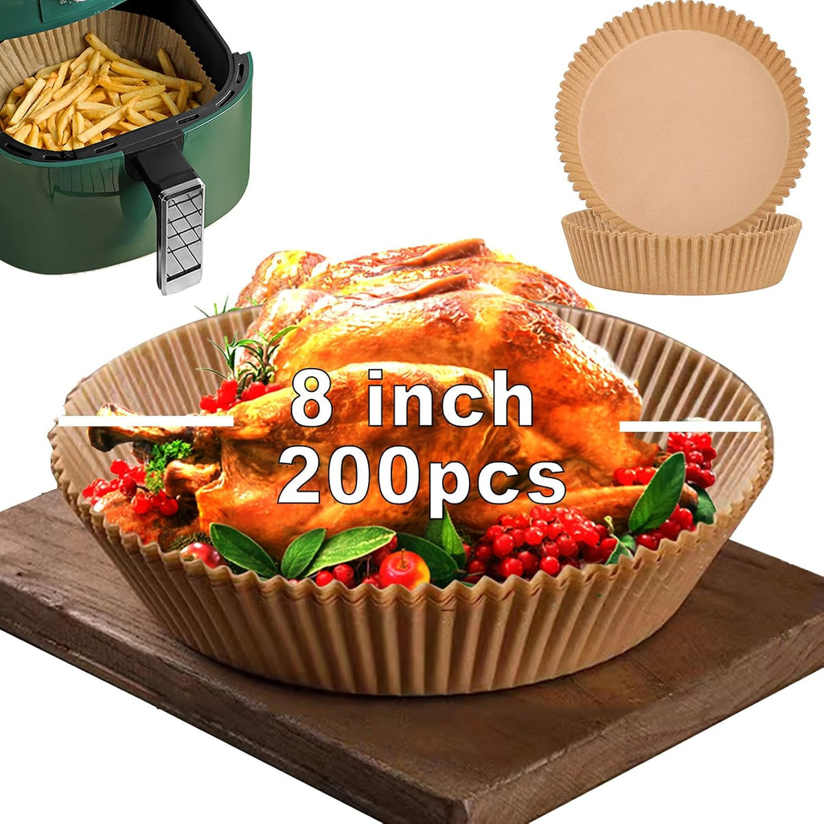 Air Fryer Liners Disposable for Ninja, 4 qt Air Fryer Liners, 200Pcs Liners for Ninja AirFryer, Air Fryer Paper Liners Disposable Round 8 inch, Circle Parchment Liners, Papel Para Air Fryer