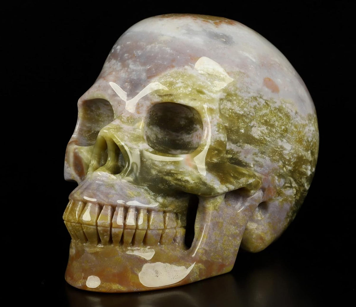 Skullis 5.0" Indian Agate Crystal Skull, Hand Carved Gemstone Fine Art Sculpture, Reiki Healing Stone Statue.530 Z8