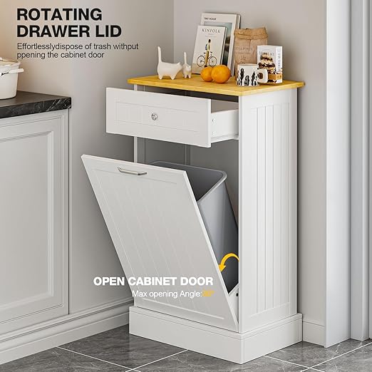 GAZHOME 10 Gallon Tilt Out Trash Cabinet, Upgrade Wooden Free Standing Recycling Trash Cabinet with Hideaway Drawer(White)