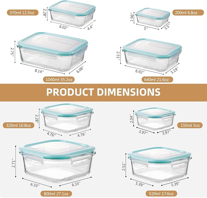 Liuruiyu 8 Pack Glass Food Storage Containers with Lids, Meal Prep Containers, Airtight Bento Boxes with Leak Proof Locking for Microwave, Oven, Freezer and Dishwasher, BPA Free（5oz to 36oz）