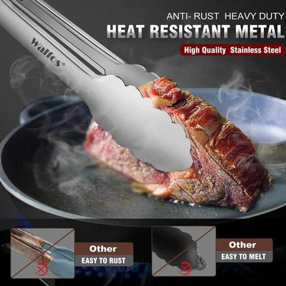 Walfos tongs for cooking, All Metal Kitchen Tongs 600℉ Heat Resistant, Heavy Duty Locking Tongs 2-piece 12 Inch