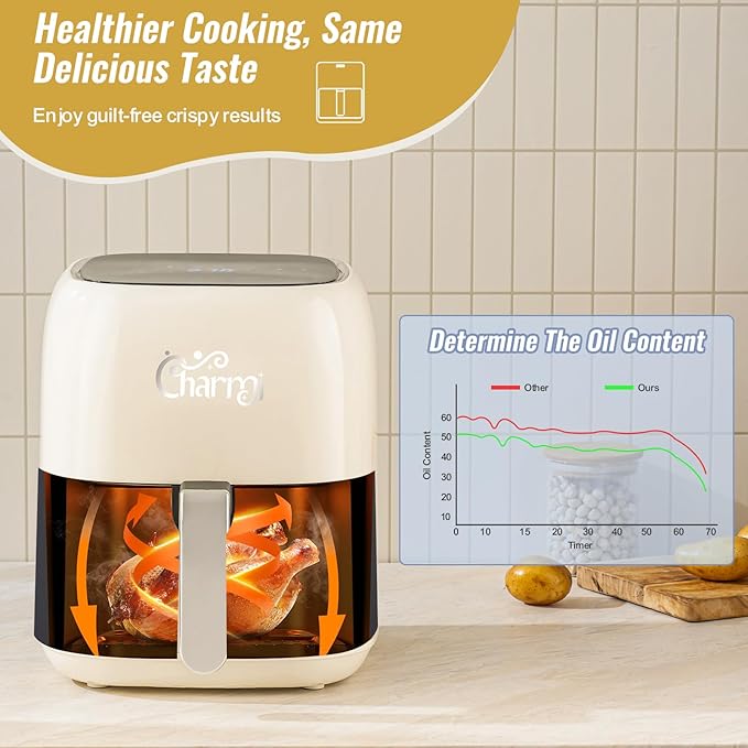 Charmi 5QT Air Fryer – Beautiful Retro Design, Stylish Countertop Look, Safe Auto Shutoff, Digital Touchscreen, 8 Cooking Presets, Digital Recipes Included(Cream White)