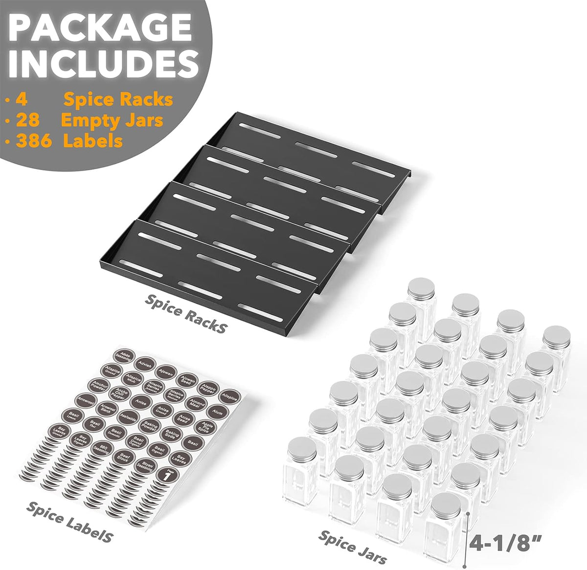 SpaceAid Spice Drawer Organizer with 28 Spice Jars, 386 Spice Labels, 4 Tier Seasoning Rack Tray Insert for Kitchen Drawers, 13" Wide x 17.5" Deep