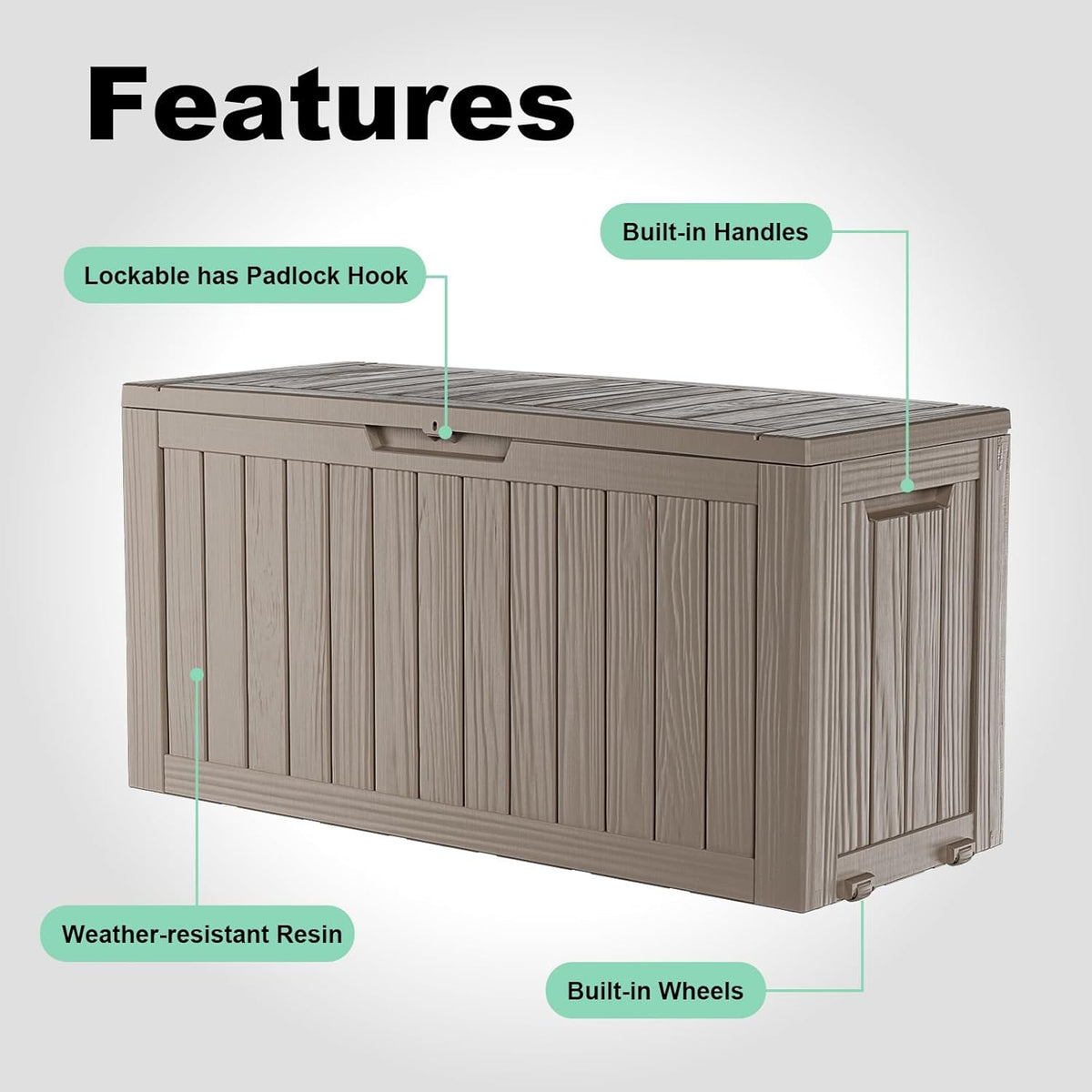 DRATO 75 Gallon Deck Box, Waterproof Resin Large Outdoor Storgae Box for Patio Furniture, Patio Cushions, Gardening Tools, Pool and Sports Supplies, Lockable