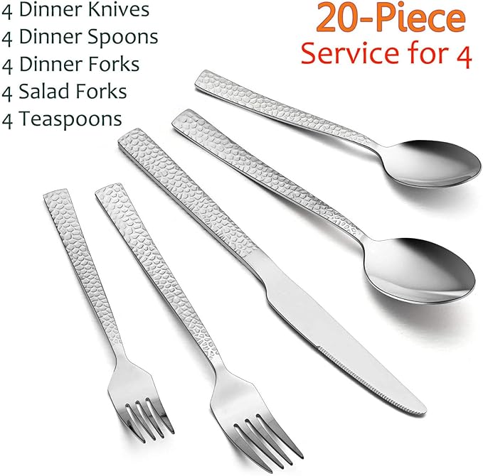 E-far 20-Piece Hammered Silverware Set, Stainless Steel Square Flatware Set Service for 4, Tableware Cutlery Set Includes Forks Spoons Knives, Modern Design & Mirror Finish - Dishwasher Safe