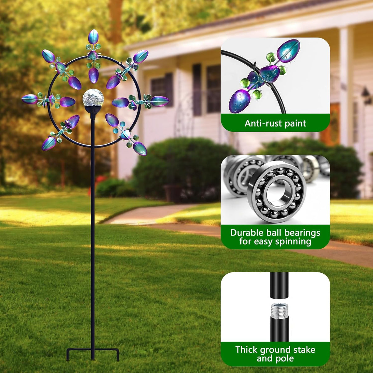 Large Solar Wind Spinner Outdoor, Metal Wind Sculpture Kinetic for Patio Garden Yard Decor, Gift for Family or Friends