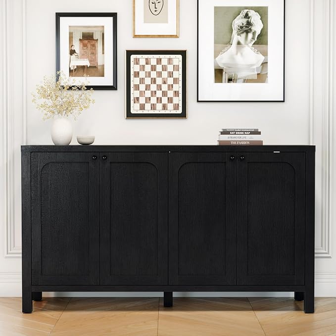 55" Black Sideboard Buffet Cabinet with Storage Modern Credenza with Doors Heavy Duty Wood TV Media Console Table Accent Cabinet for Living Room Hallway Entryway