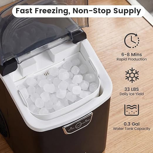 COSTWAY Nugget Ice Maker Countertop with Handle, 33 Lbs/24H Soft Chewable Ice, Ready in 6 Mins, Auto-Cleaning, Audible Ice Full Alarm, Portable Sonic Ice Machine for Home Kitchen Office, Black