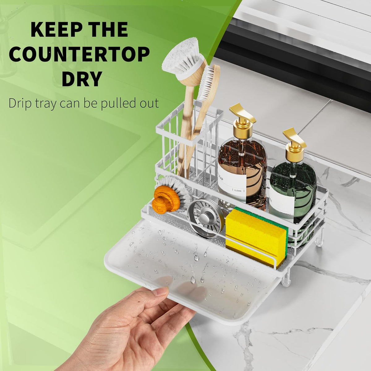 Cisily Kitchen Sink Caddy Organizer, Sponge Holder, Detergent Brush Holder, Plug Storage, White, Stainless Steel, Adjustable, 3 Compartments, 9.56" x 5.15" x 5.15"