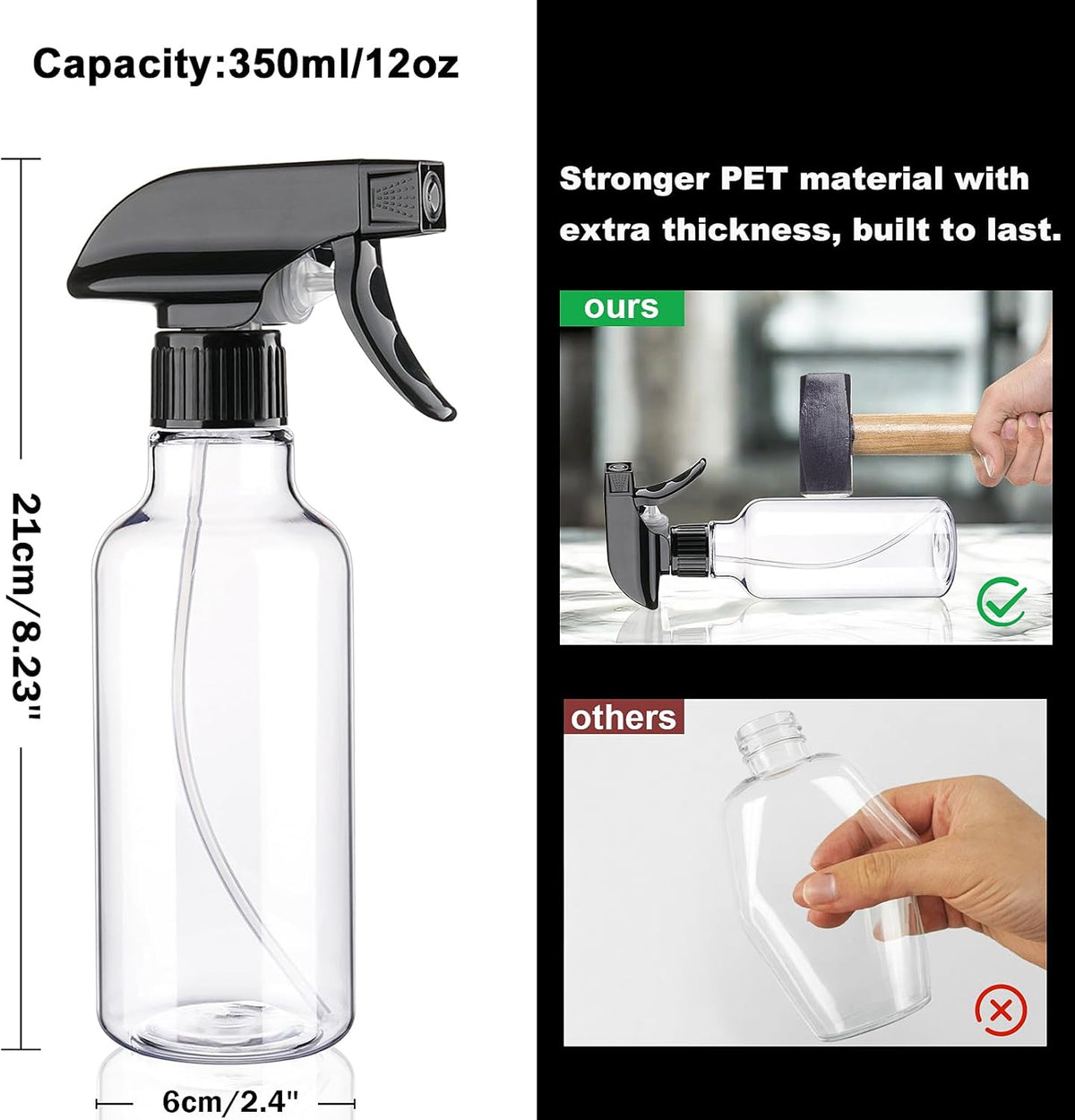 Spray Bottles 12oz Plastic Empty Spray Bottle for Hair Mist/Stream Spraying Heavy Duty Square Water Spray Bottles for Cleaning Solutions, Plants, Essential Oils 2 Pack (12oz)