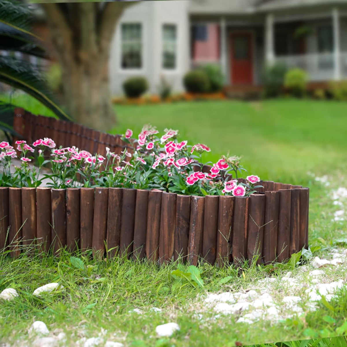 Worth Garden Wooden Short Fence Burnt Wood Finish Outdoor Landscape Edging Flexible Decorative Border - Tree Fence - Spring Garden & Yard Maintenance - 7.9'' H x 42'' L - K619A05