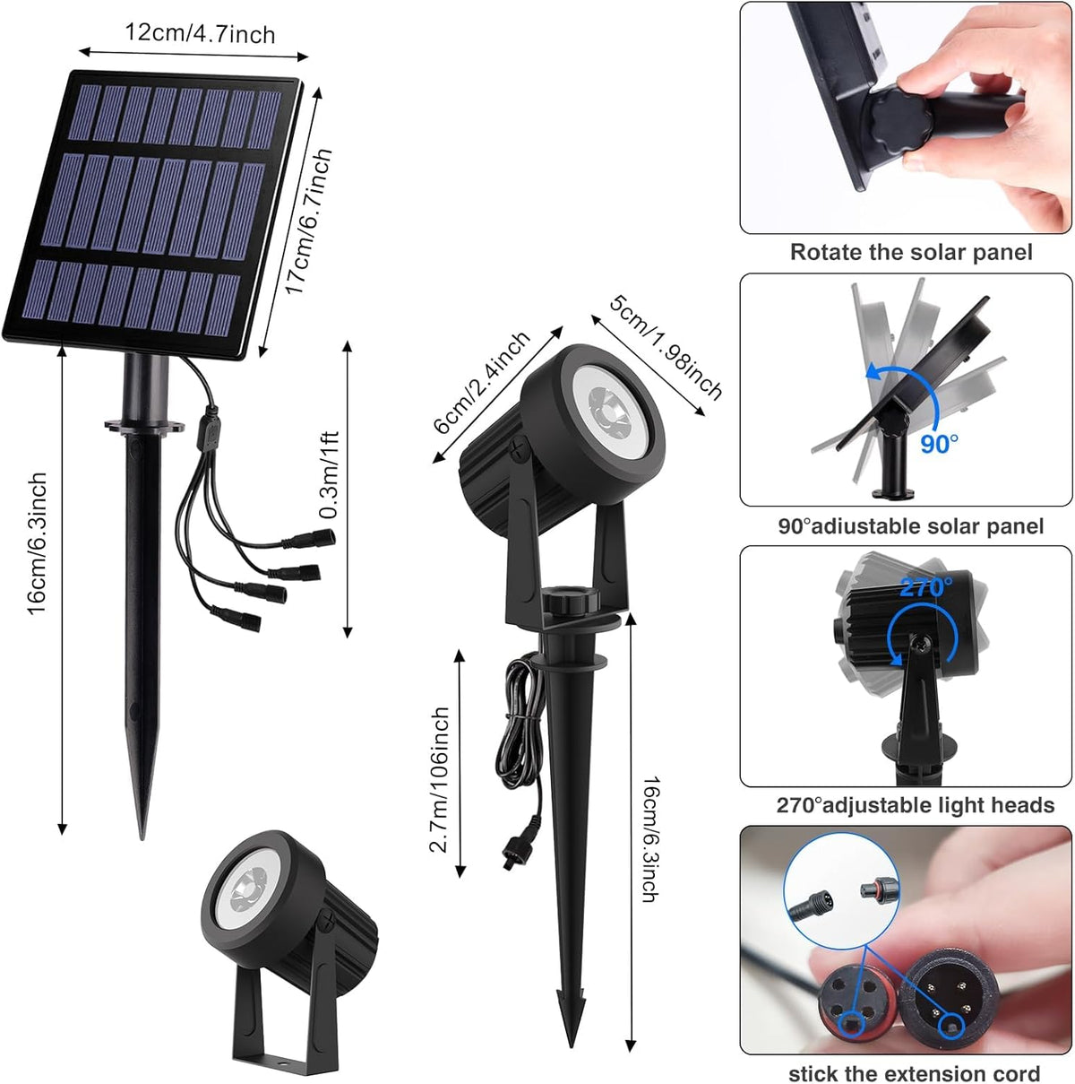 T-SUNUS Halloween Solar Garden Spotlight White Outdoor, 4-in-1 Spot Lights 6000K IP65 Waterproof 9.8ft Cable 5W Separated Panel, Auto On/Off Spotlights for Christmas Tree Yard Driveway Pathway Pond