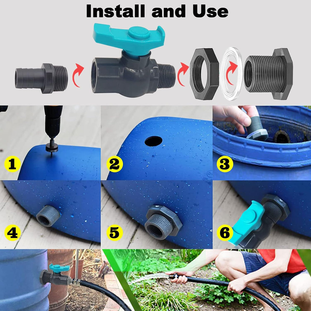 Rain Barrel Spigot PVC Faucet Kit Water Barrel Diverter Kit with Bulkhead Fitting,Ball Valve,Garden Hose Barb(25mm) Adapter,Pipe Clamps,Thread Seal Tape(kit for 25mm ID Hose)
