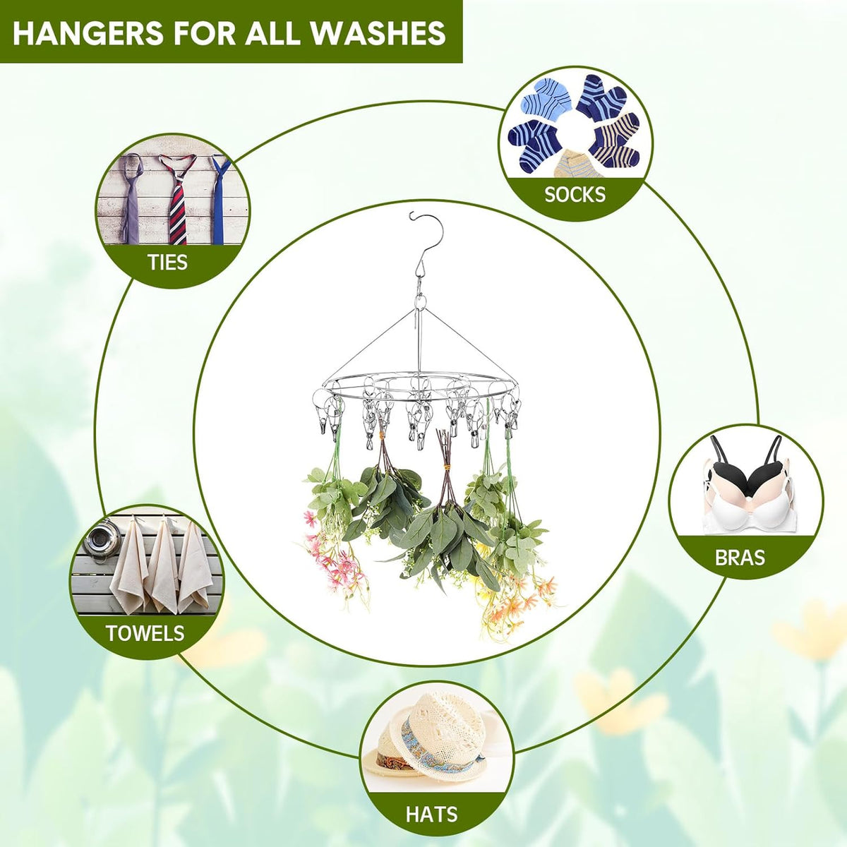 Bokon 4 Pcs Hanging Drying Rack for Herb Macrame Flower with Stainless Clip Dryer Hook for Drying Herb Air Plants Spices Flower Hydroponic Plant Ready to Use with Ceiling Hook(Round)