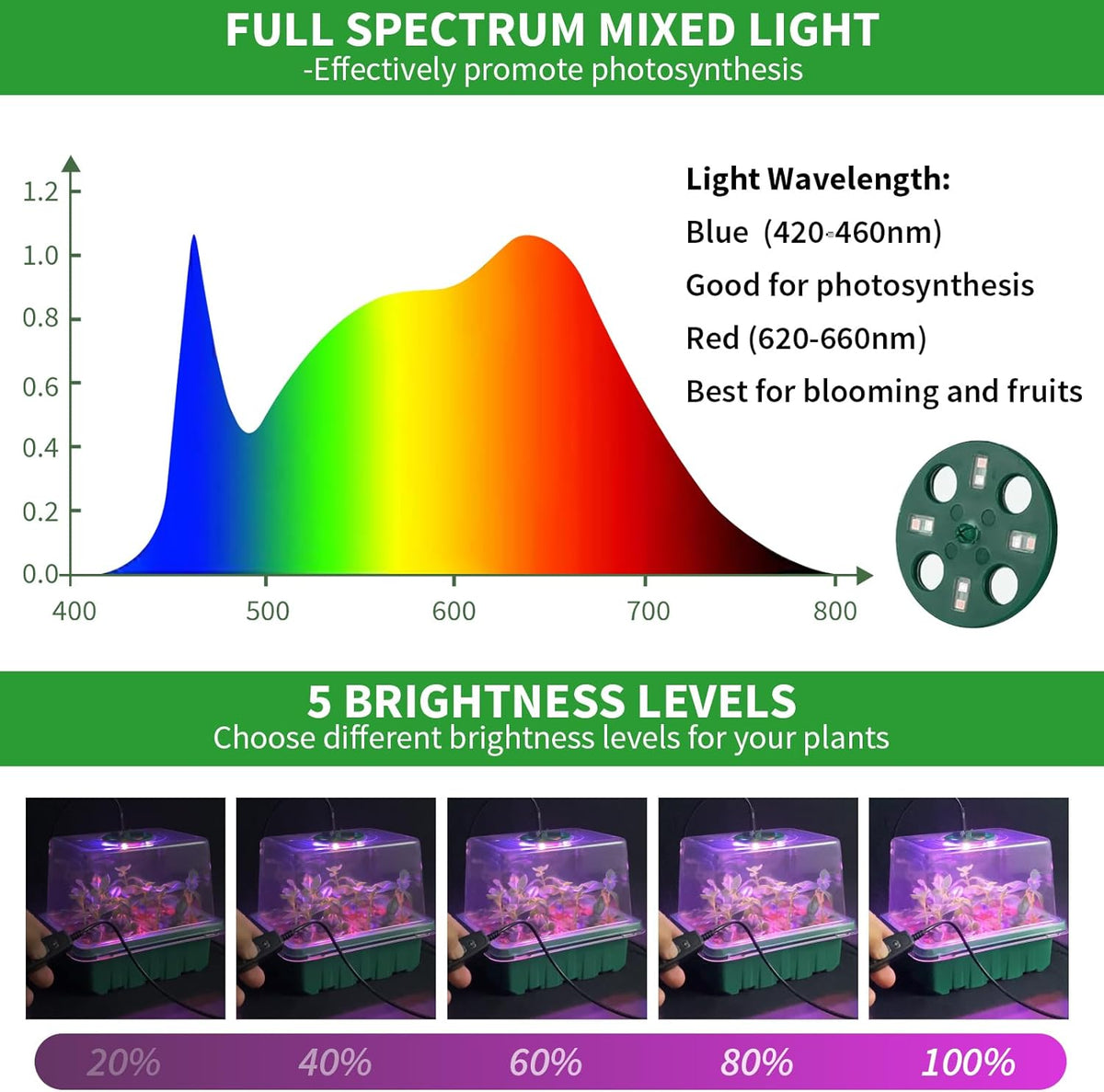 Seed Starter Tray with Plant Light, 4 Pack Grow Lights for Seed Starting Kit with Humidity Domes, Timing Controller Adjustable Brightness for Greenhouse Propagator Station Planting Growing