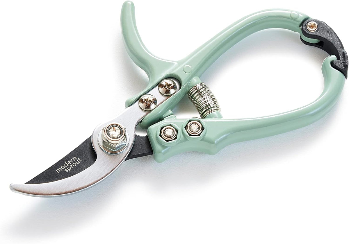 Modern Sprout Hand Pruners - Lightweight Pruning Shears W/Easy Lock- Gardening Scissors - Bypass Sharp Carbon Steel Blade - Rust Resistant - Garden Tools - Reusable Holster - Green