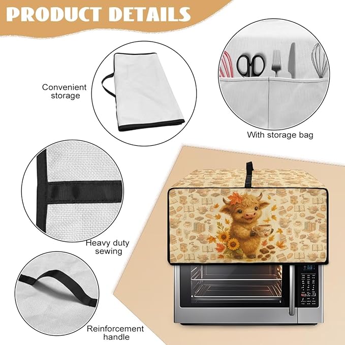 Toaster Oven Dust Cover Dustproof Convection Microwave Ovens Cover Stain-resistant Small Countertop Appliance Protector, L, Highland Cow Coffee Sunflower Fall Decor