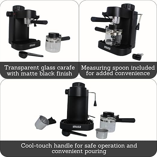 IMUSA Electric Espresso Cappuccino Maker 4 Cup Capacity with Milk Frother Black Coffee Machine for Home Barista Experience