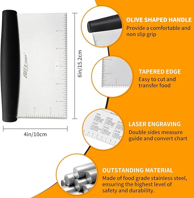 ALLTOP Bench Scraper & Chopper for Kitchen - Ideal Baking Essential Utensil,Stainless Steel Pastry/Dough/Food Cutter Tool for Cake Pizza Bread,Cooking - 1 Pack,Black