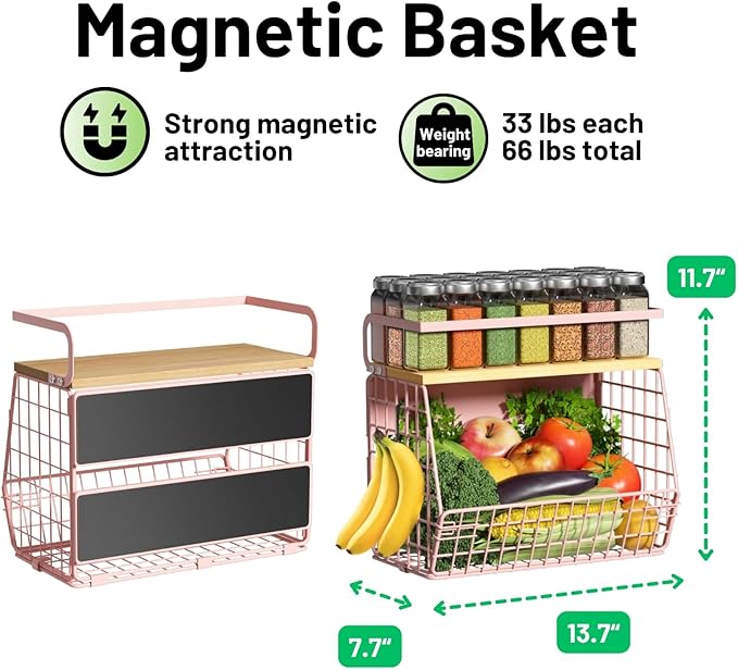 Magnetic Shelf for Fridge with Wood Lid, Fruit Potato and Onion Storage Bins, Pantry Organizers & Storage, Large Container Magnetic Spice Rack for Refrigerator, Kitchen Counter, Cabinet (Pink, 2)