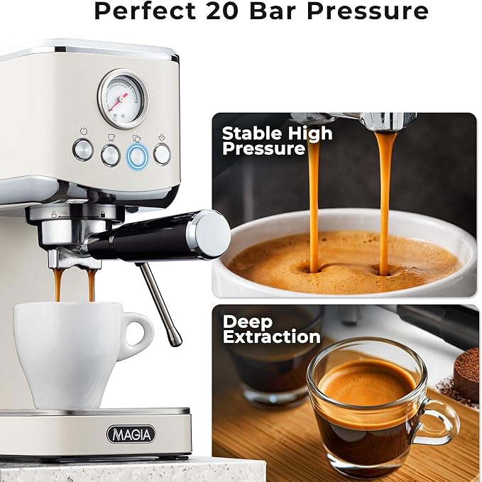 Zulay Kitchen Magia Compact Espresso Machine – 20 Bar Coffee Maker with Milk Frother Steam Wand, Latte & Cappuccino Maker, 1350W Fast Heating, 40oz Removable Water Tank, Stainless Steel – Cream