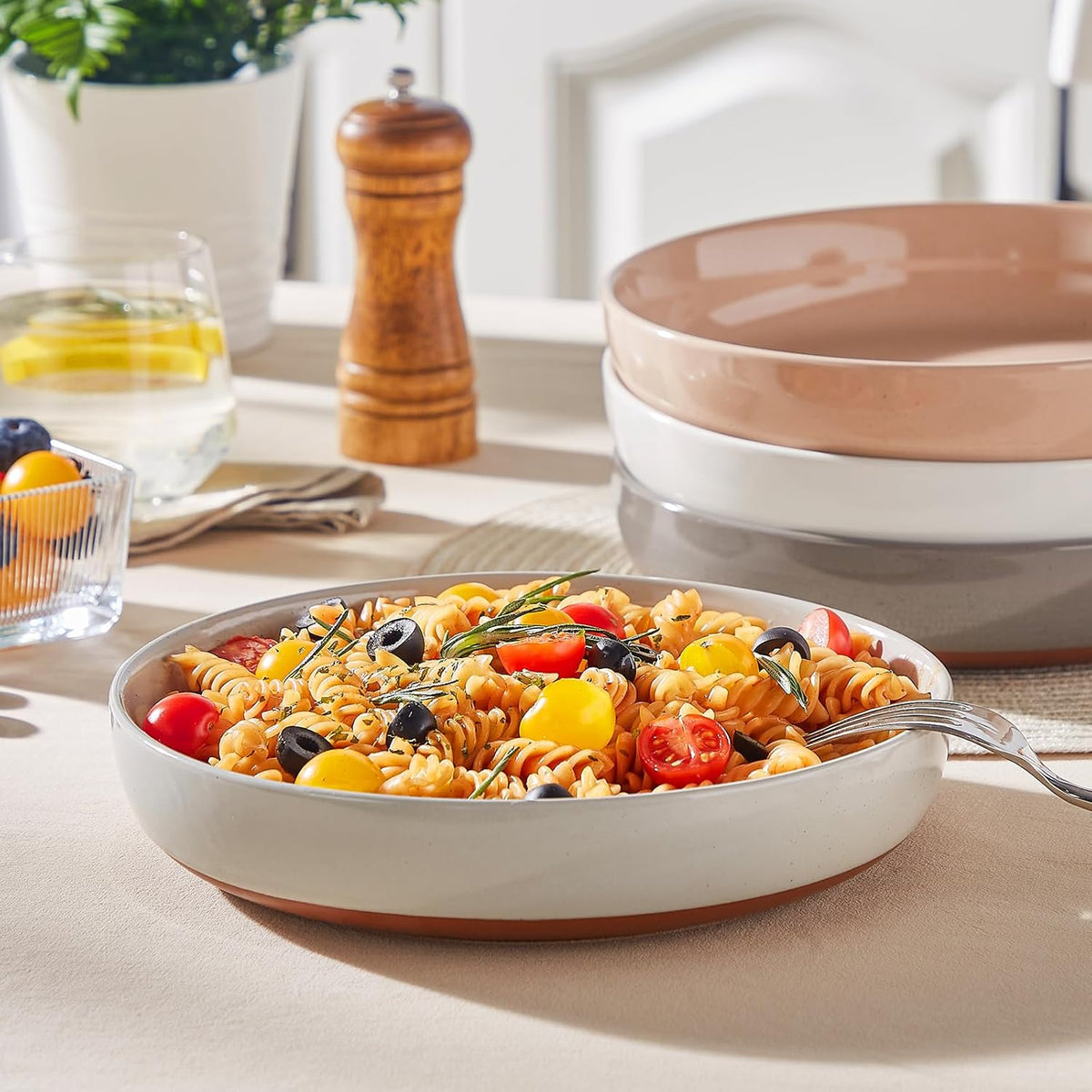 MALACASA Large Pasta Bowls Set of 4, 48 OZ Salad Bowls Serving Bowls for Dinner, Ceramic Soup Bowls Pasta Plates for Serving, Stackable, Microwave & Dishwasher Safe, Multicolor, Series TARA