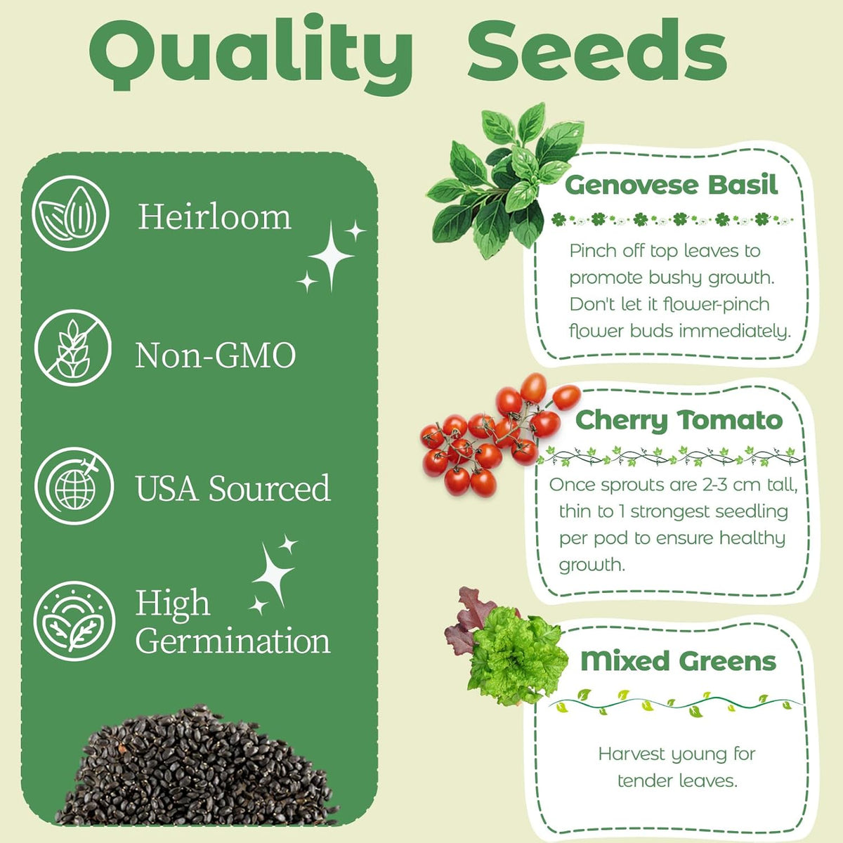 Herb & Salad Seed Pods Kit - Hydroponic Refill Pod for All Indoor Garden, 8 Grow Pods with Seeds of Genovese Basil, Cherry Tomato and Mixed Greens, Compatible with All Hydroponics Growing Systems