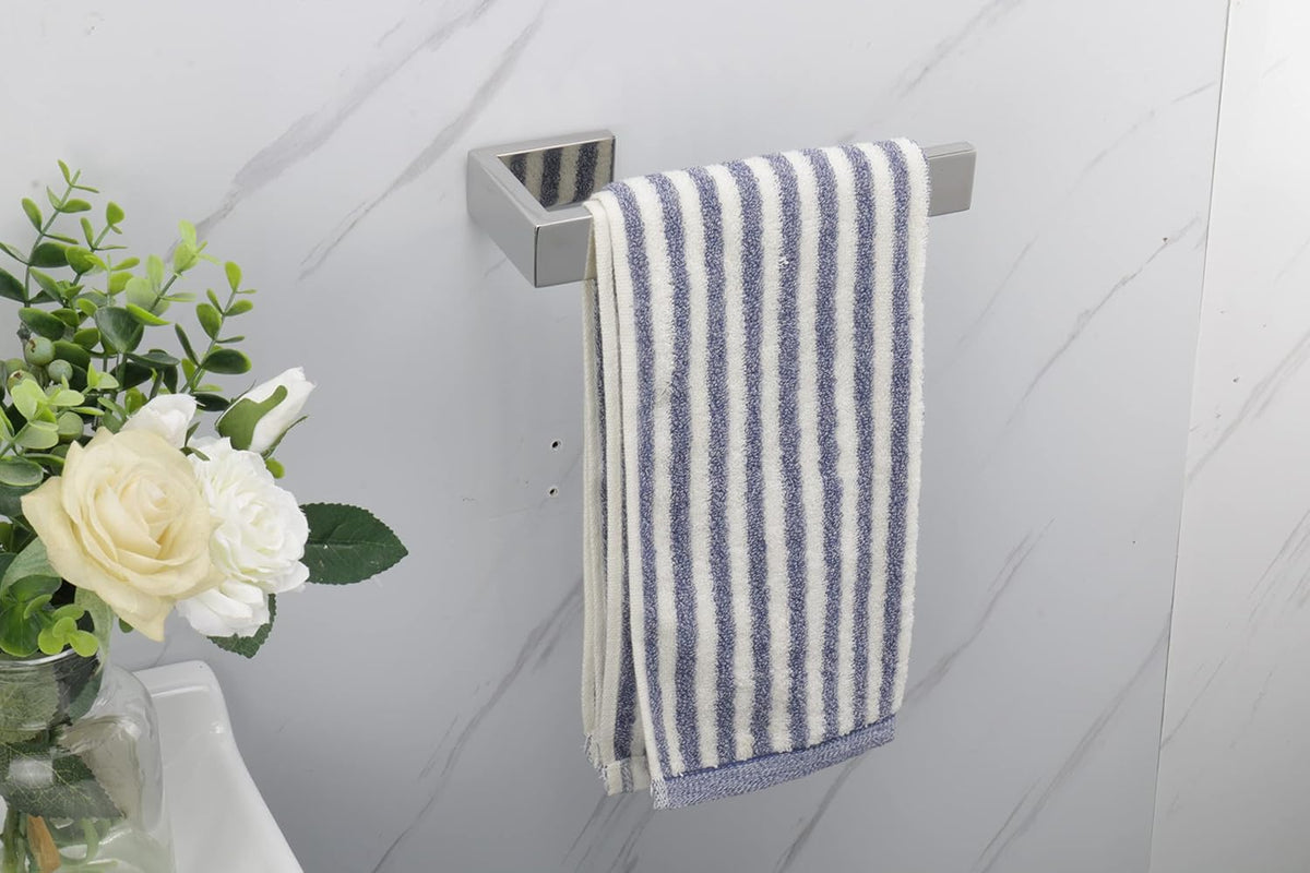 TocTen Hand Towel Holder/Towel Ring - Thicken SUS304 Stainless Steel Bathroom Hand Towel Hanger, 9 Inch Heavy Duty Wall Mounted Towel Rack, Square Hand Towel Bar for Bathroom Hardware (Chrome, 9 in)