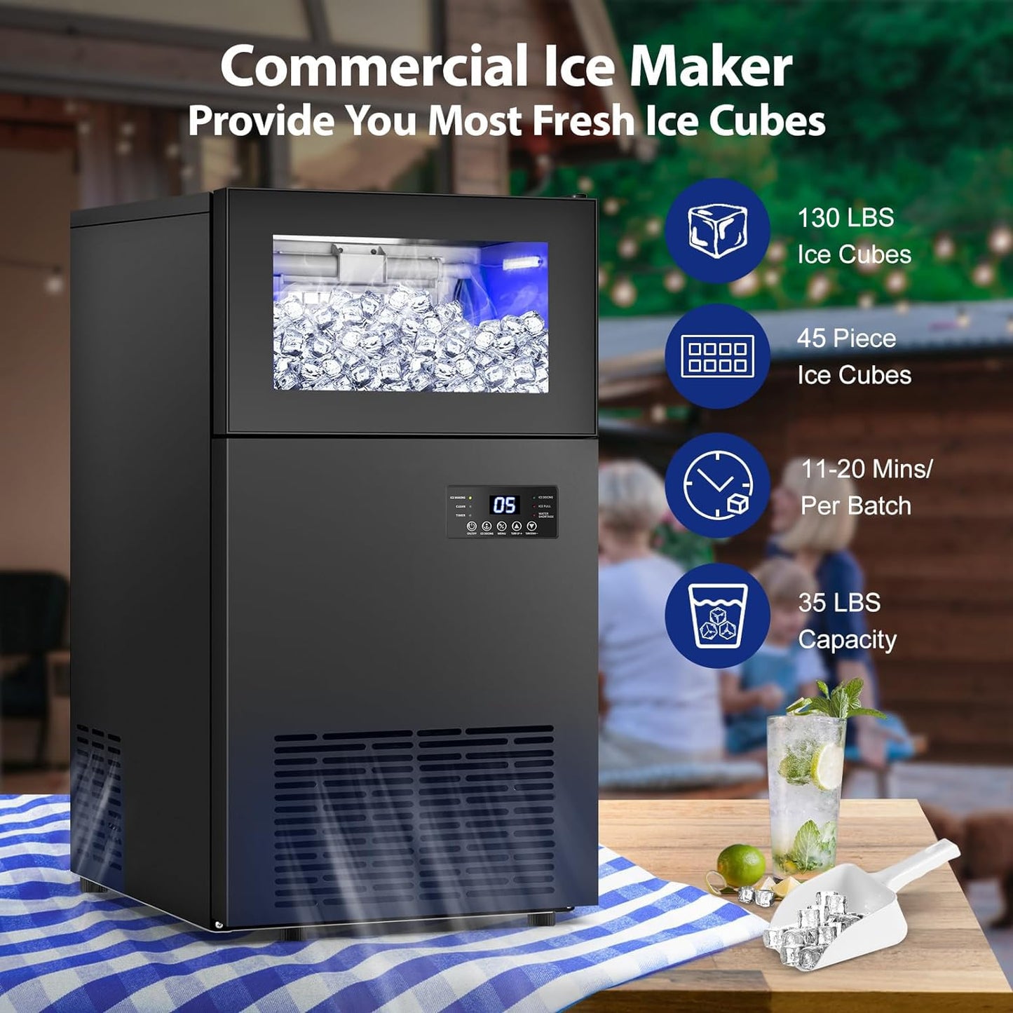 Upgraded Commercial Ice Maker Machine 130 LBS/24H, 15" Wide Under Counter Ice Maker with 35LBS Ice Capacity, Built-in or Freestanding Large Ice Machine Self Clean for Restaurant Home Bar Outdoor