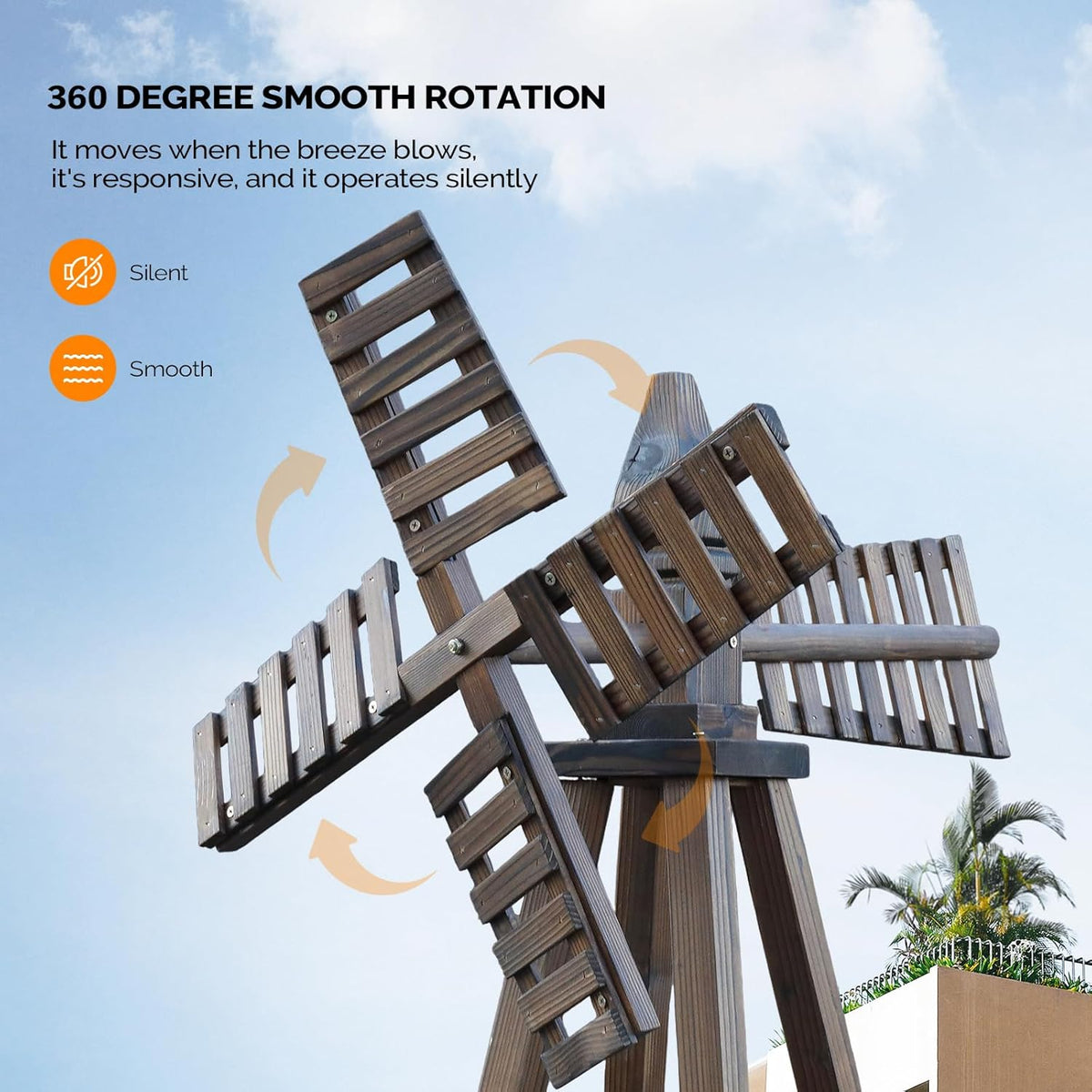 VINGLI Outdoor Yard Windmill, Wooden Wind Spinner for Garden Lawn Yard Patio Decoration (Carbonized Wood, Medium)
