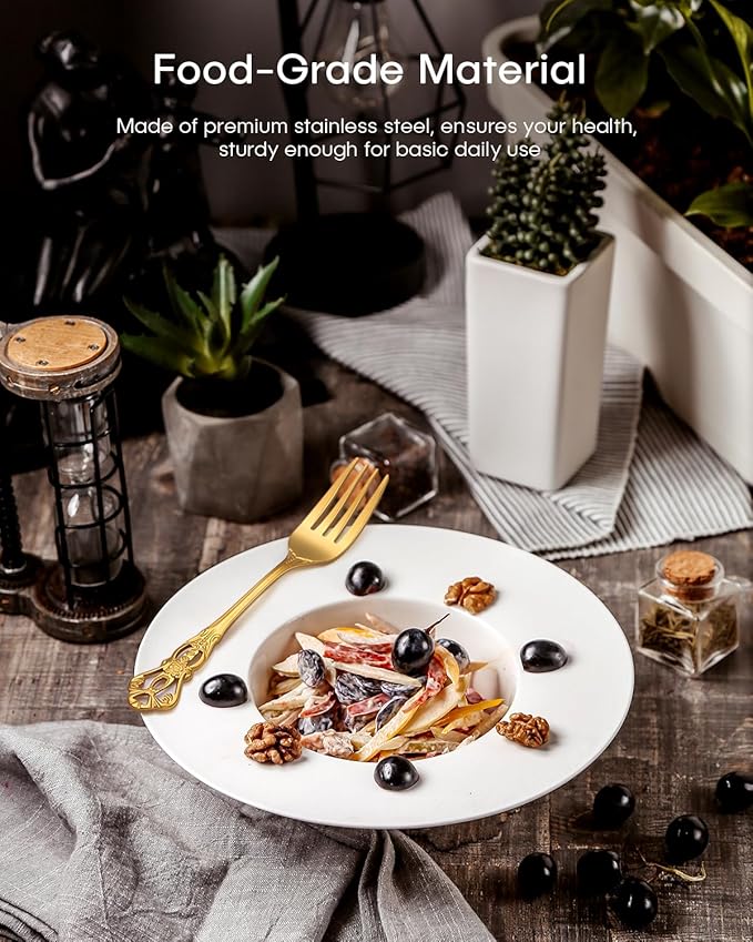 Gold Silverware Set, Ollex 48-Piece Retro Royal Flatware Set for 8 with Anti-rust Silverware Steel Black Steak Knives and Gold Spoons Forks Utensil Set, Mirror Polished&Dishwasher safe
